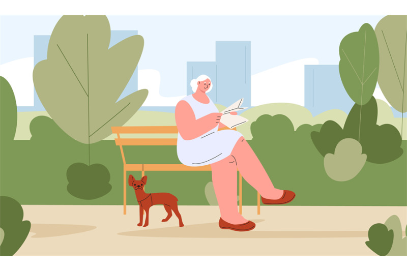 old-woman-relax-in-green-park-with-dog-female-character-sitting-on-be