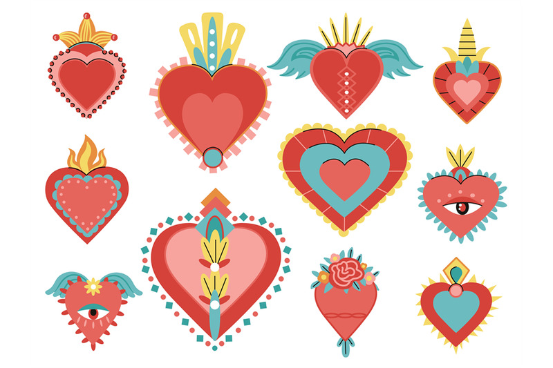 sacred-mexican-hearts-with-fire-eye-and-wings-retro-heart-mexico-stic