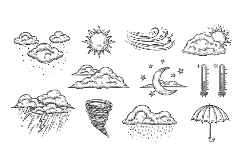 sketch-weather-icons-hand-drawn-rain-storm-and-snow-clear-sun-and-m