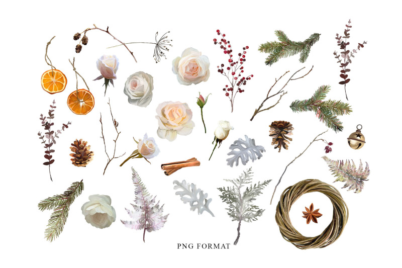 christmas-individual-clipart-png-rose-flowers-spruce-branches