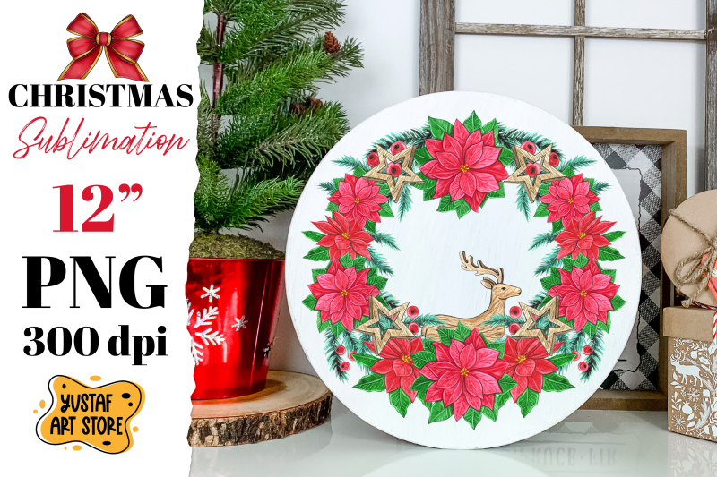 poinsettia-christmas-wreath-sublimation-christmas-round-sign