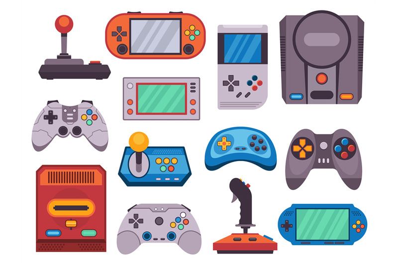 video-game-devices-old-retro-joystick-gamepad-flat-icons-cartoon-hip