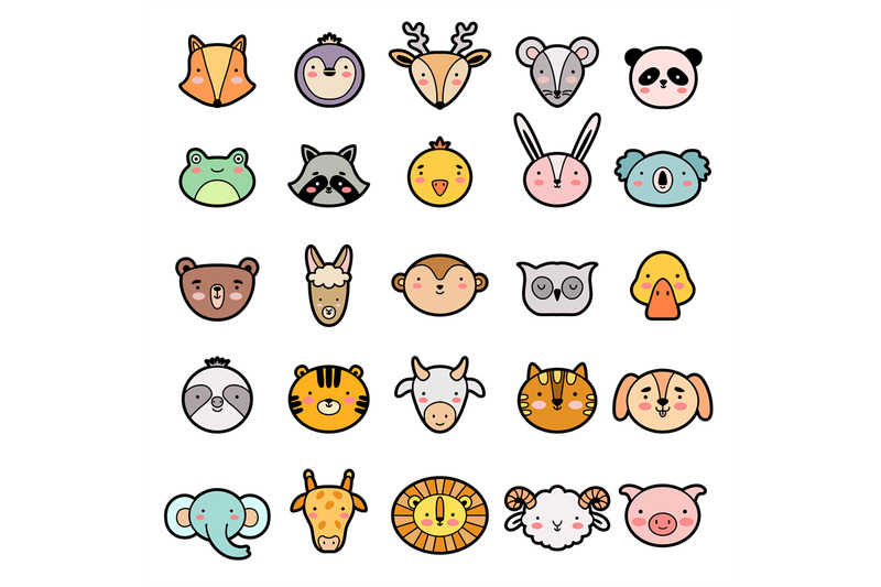 animal-faces-cute-kawaii-heads-different-expression-emoticons-wild-an