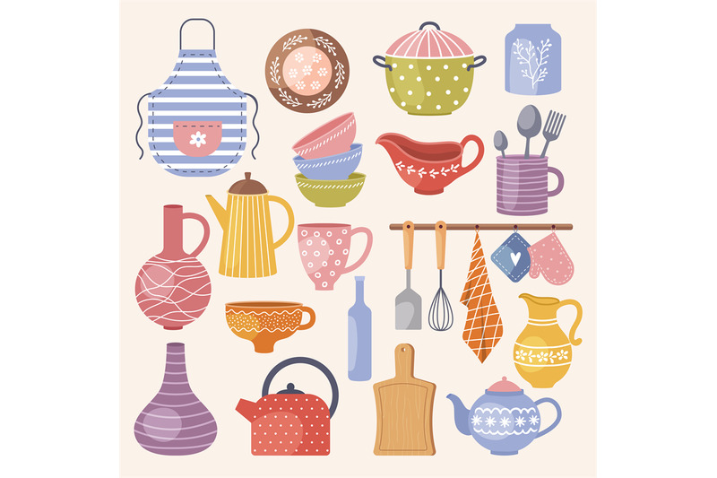 decorative-kitchen-cookware-dishes-jug-cups-spoons-plates-forks-vase