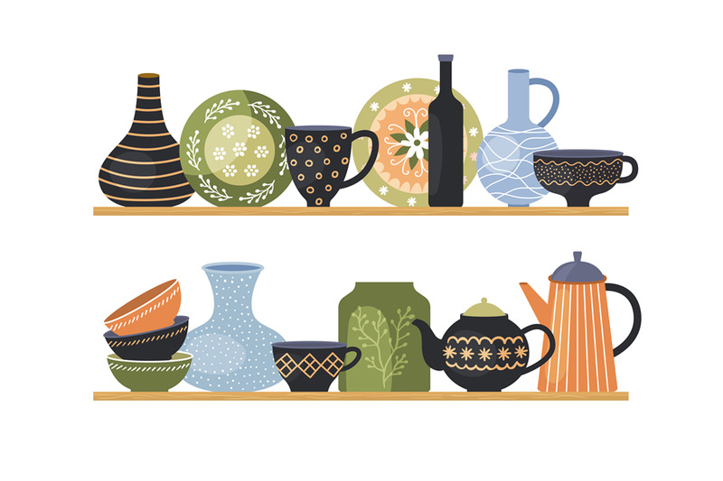 dishes-on-shelves-kitchen-interior-shelves-with-decorative-plates-for