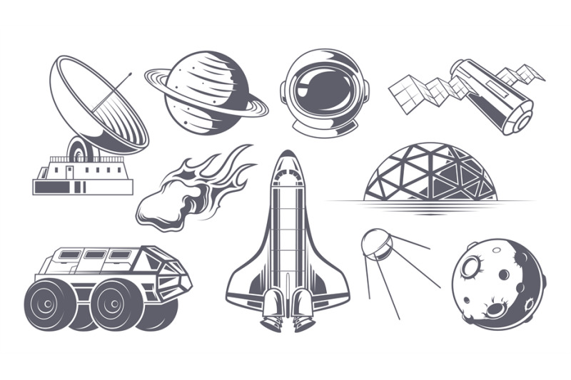 space-labels-monochrome-badges-with-space-rockets-astronaut-exploring