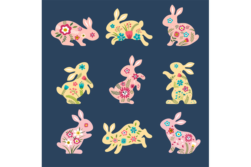 easter-rabbits-silhouettes-of-animals-bunnies-with-botanical-decorati