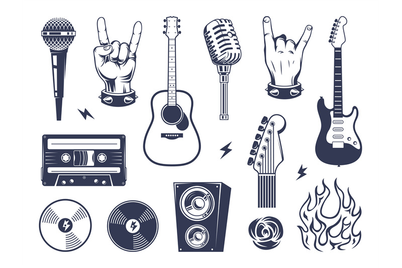 music-rock-emblem-guitar-microphones-wings-headphones-fire-exact-vect