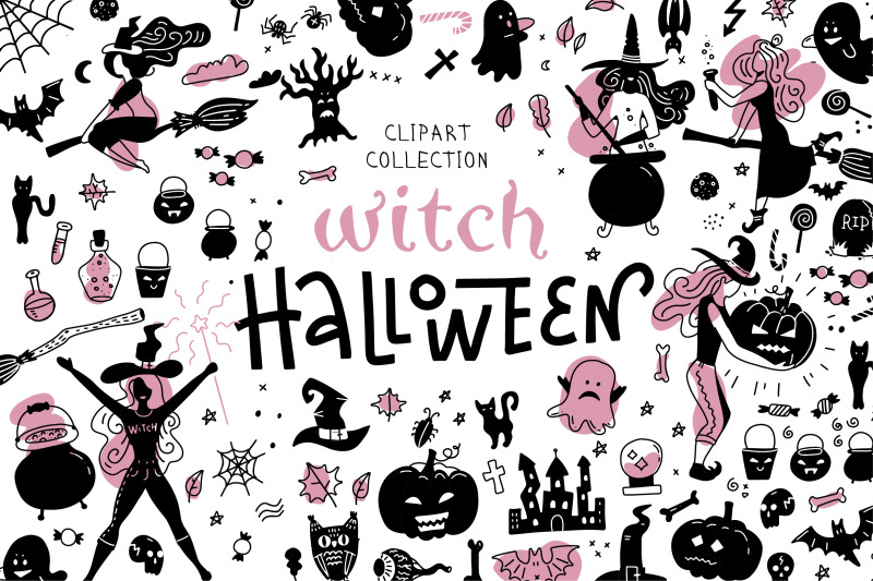 pink-witch-halloween-flat-vector-set