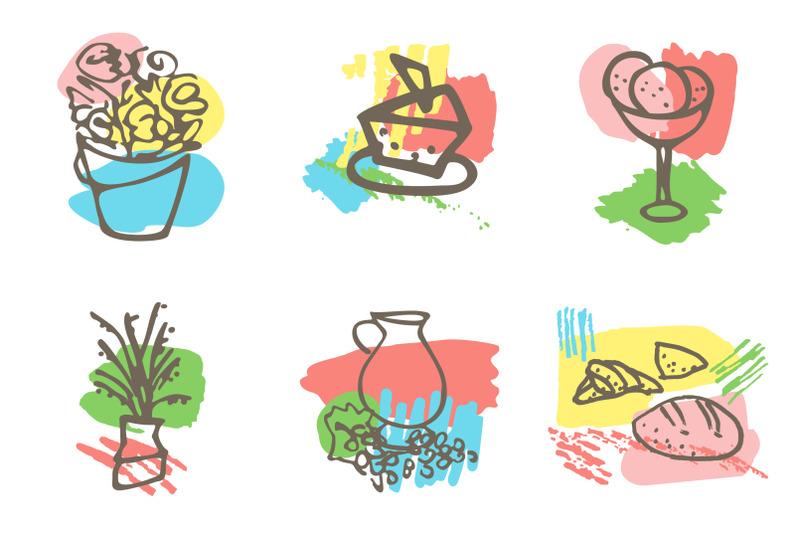 doodle-food-and-flowers-set-vector-illustration