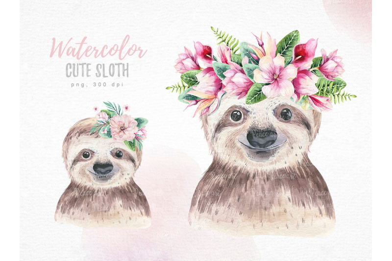 watercolor-baby-nursery-tropical-sloth-animals-clipart-png
