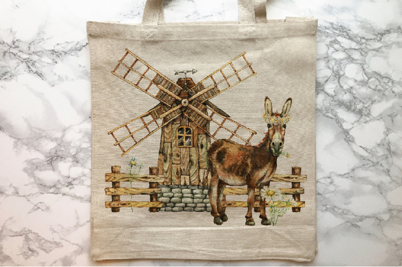 donkey-and-windmill-clipart-watercolor-sublimation-windpump-chamomi