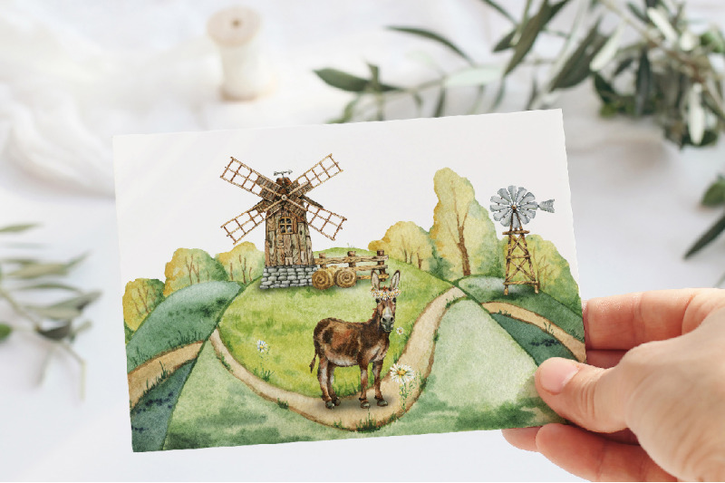 donkey-and-windmill-clipart-watercolor-sublimation-windpump-chamomi
