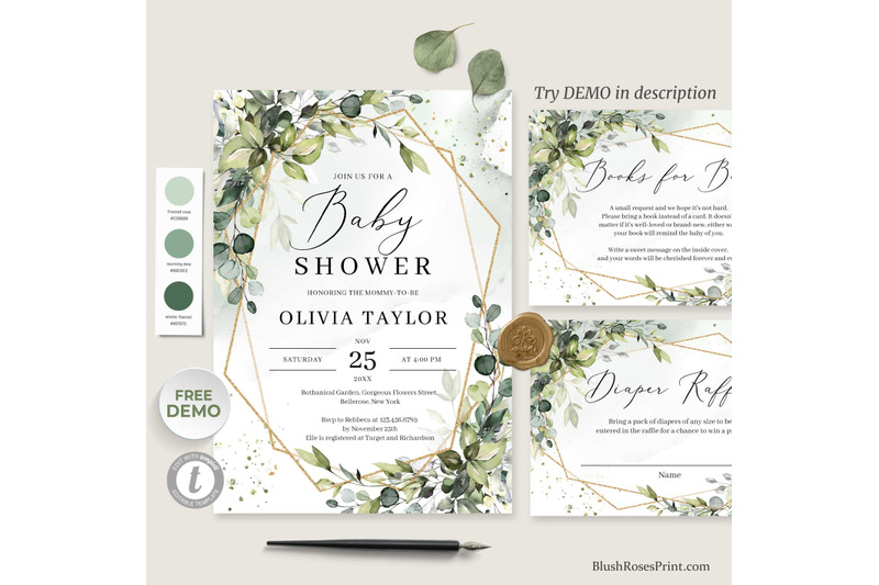 greenery-eucalyptus-foliage-and-faux-gold-baby-shower-set-invitation