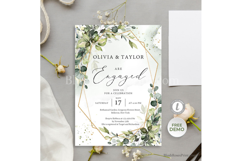 greenery-eucalyptus-faux-gold-engagement-invitation