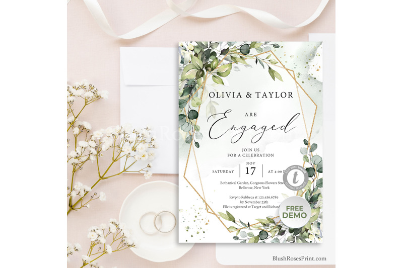greenery-eucalyptus-faux-gold-engagement-invitation