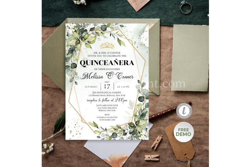 greenery-eucalyptus-foliage-and-faux-gold-quinceanera-invitation