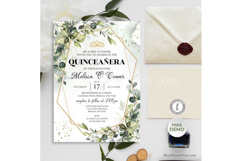 greenery-eucalyptus-foliage-and-faux-gold-quinceanera-invitation