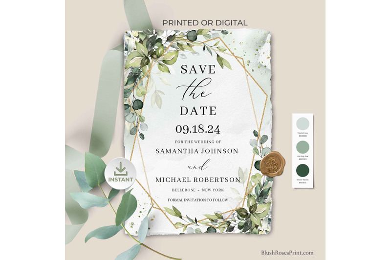greenery-eucalyptus-foliage-and-faux-gold-save-the-date-card