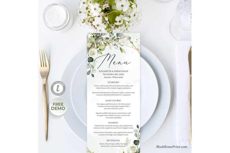 greenery-eucalyptus-foliage-and-faux-gold-wedding-menu-card