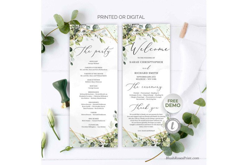 greenery-eucalyptus-foliage-faux-gold-wedding-day-plan-program-agenda
