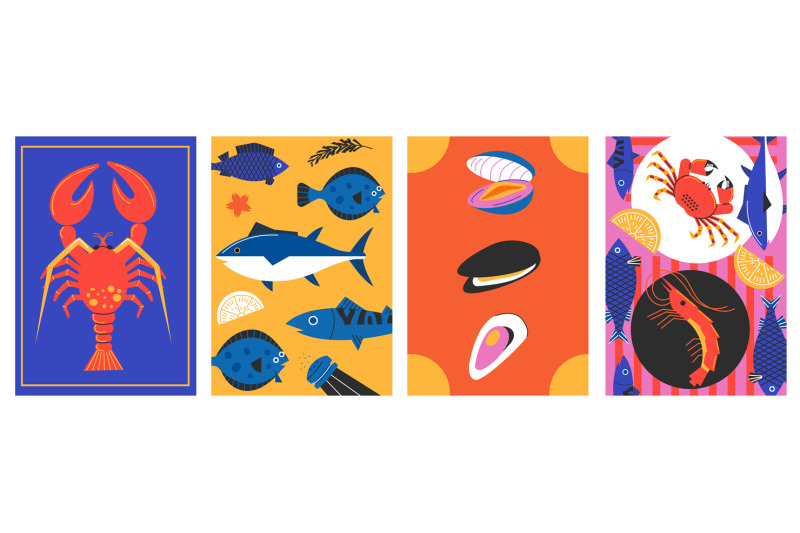 seafood-minimalistic-poster-abstract-cartoon-fish-shellfish-elements