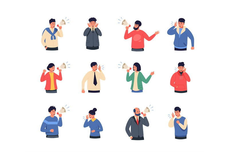 people-screaming-cartoon-characters-shouting-holding-loudspeaker-per