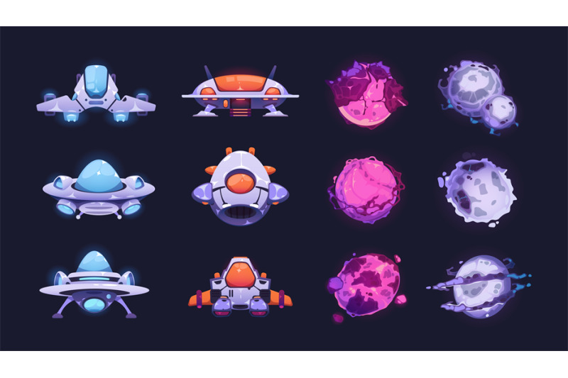 fantasy-planets-and-ships-cartoon-neon-spaceship-and-cosmic-icons-for