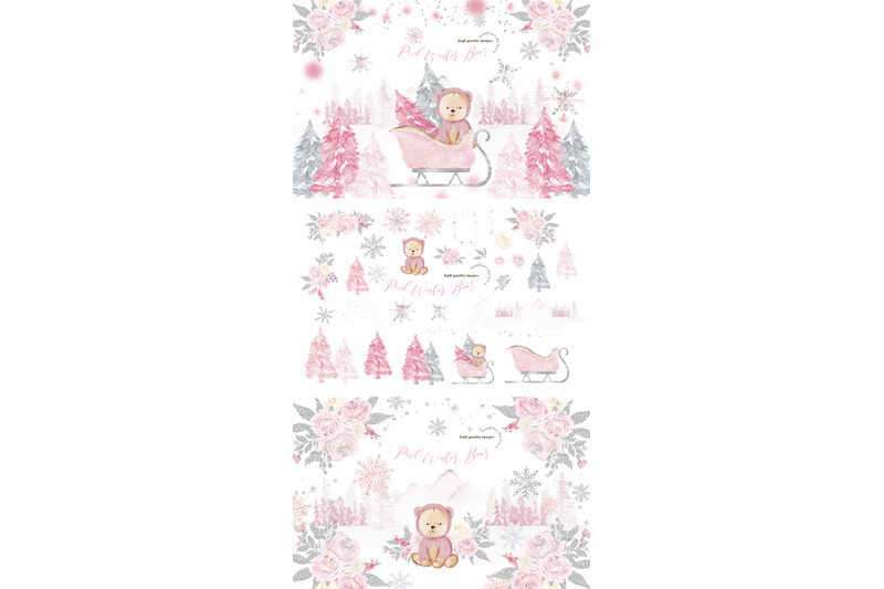 winter-pink-bear-silver-snowflakes-pine-trees-mountain-clipart