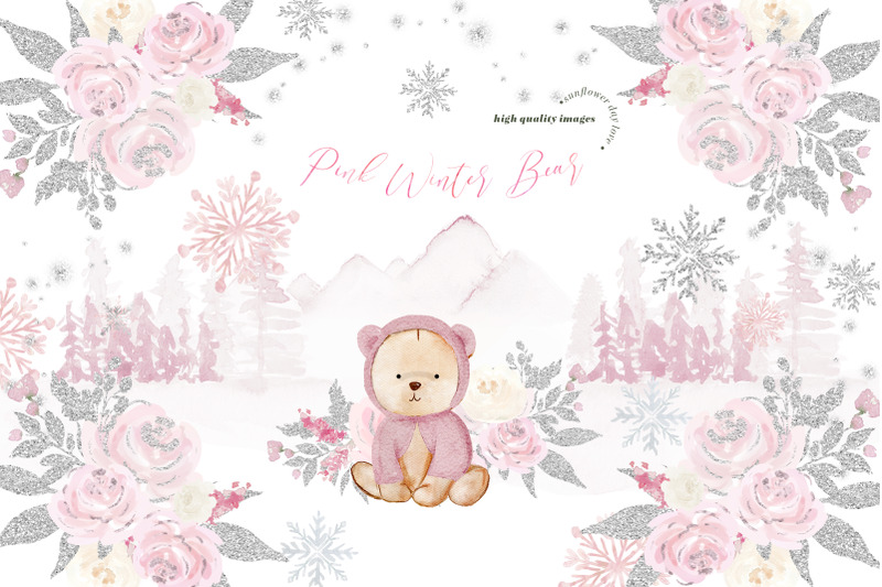 winter-pink-bear-silver-snowflakes-pine-trees-mountain-clipart