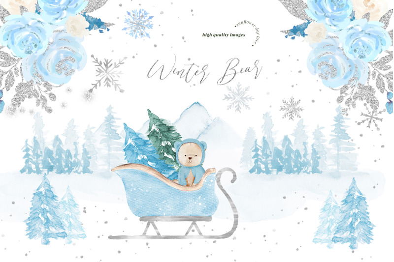 winter-blue-bear-silver-snowflakes-pine-trees-mountain-clipart