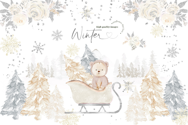 winter-creamy-white-bear-silver-snowflakes-pine-trees-mountain-clipart
