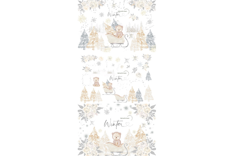 winter-creamy-white-bear-silver-snowflakes-pine-trees-mountain-clipart
