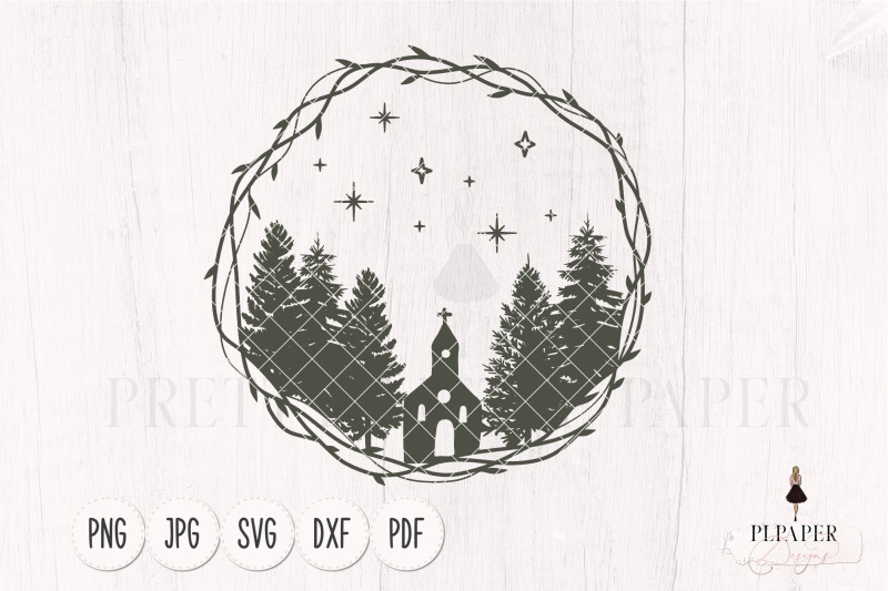 christmas-ornament-svg-pine-trees-and-church-in-winter-wreath-svg