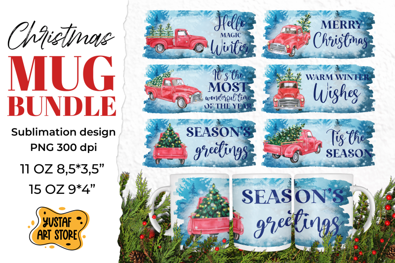 christmas-red-truck-sublimation-mug-bundle-6-png-design