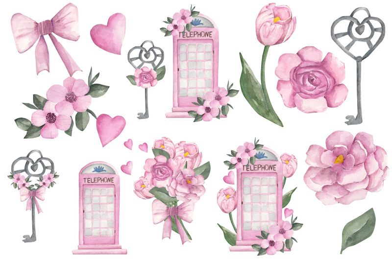 clipart-watercolor-spring-set-with-pink-flowers-bouquet