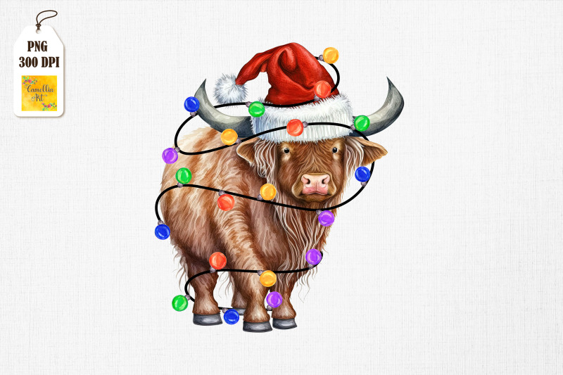 watercolor-buffalo-in-santa-hat