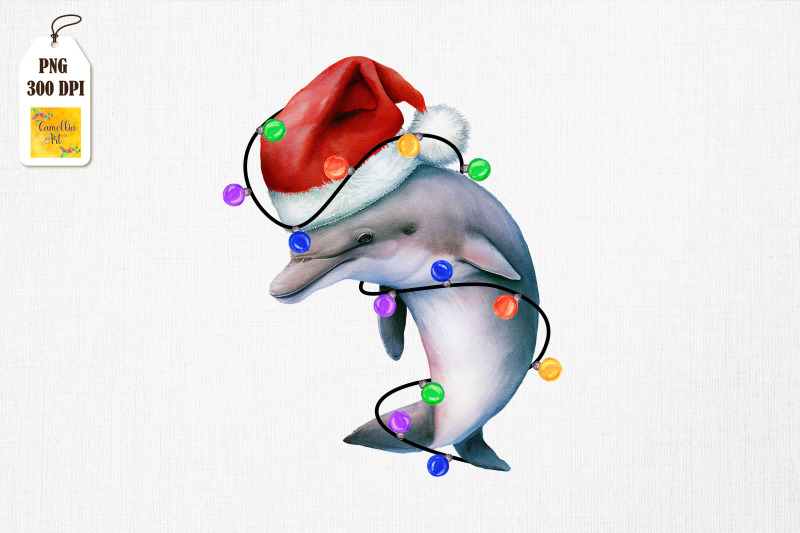 watercolor-dolphin-in-santa-hat