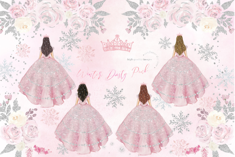winter-snowflake-dusty-pink-princess-dresses-floral-clipart