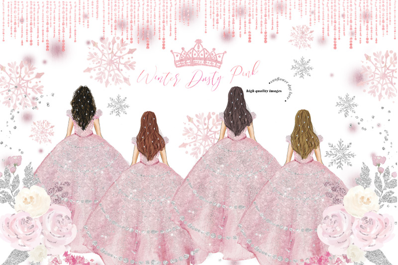winter-snowflake-dusty-pink-princess-dresses-floral-clipart