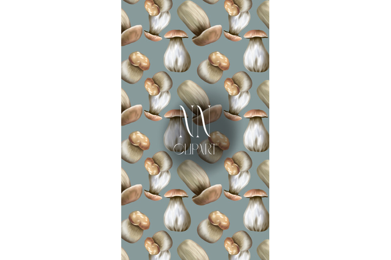 white-mushrooms-digital-paper-watercolor-seamless-pattern