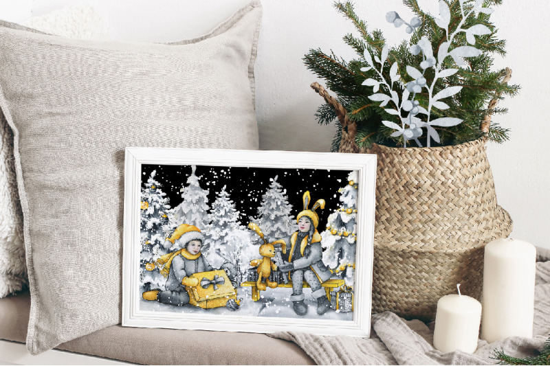 christmas-clipart-children-open-gifts-winter-scene