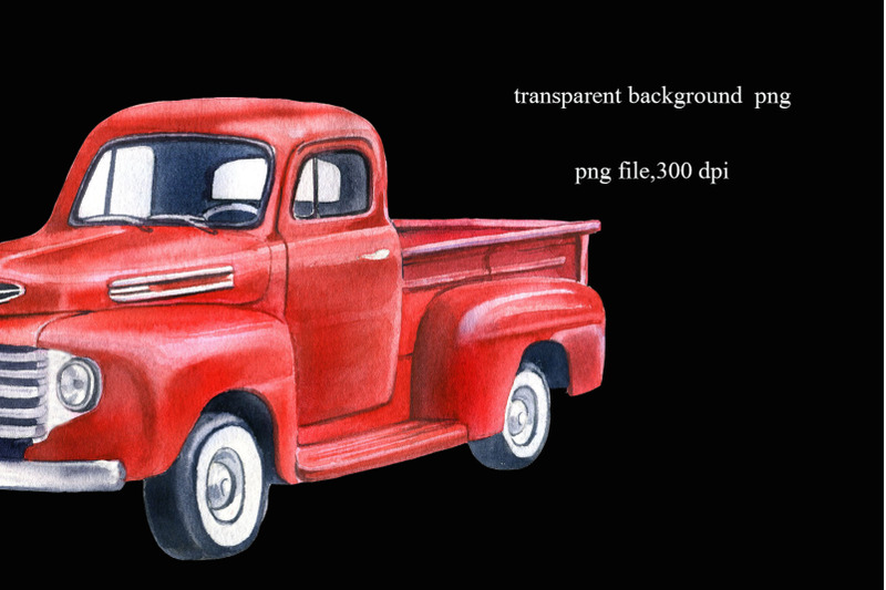 red-truck-clipart-vintage-pick-up-watercolor-hand-painted-png