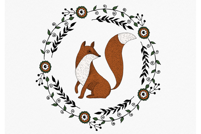 fox-and-floral-wreath-clipart-folk-art-fox-png-fox-illustration