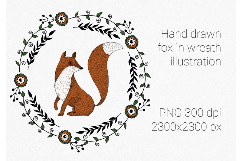 fox-and-floral-wreath-clipart-folk-art-fox-png-fox-illustration