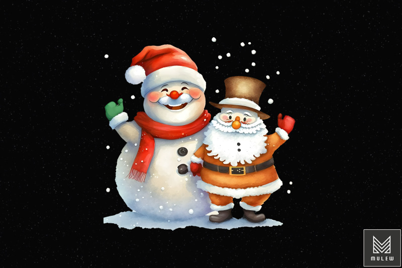 watercolor-cute-santa-and-snowman-xmas