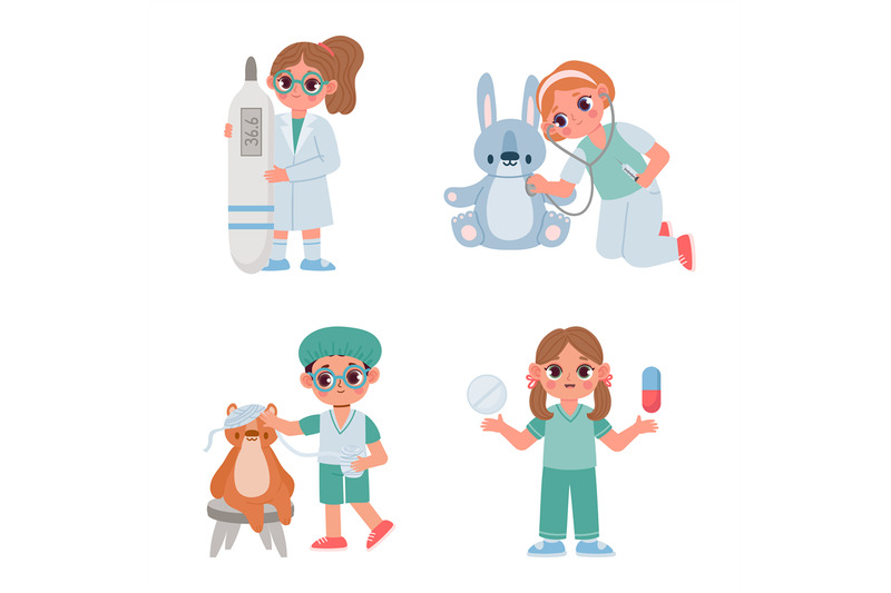 cartoon-kids-doctors-cure-and-check-with-thermometer