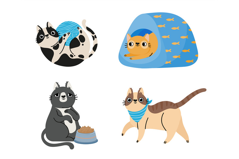 cartoon-cats-cute-animals-sitting-lying-in-bed-walking-and-playing