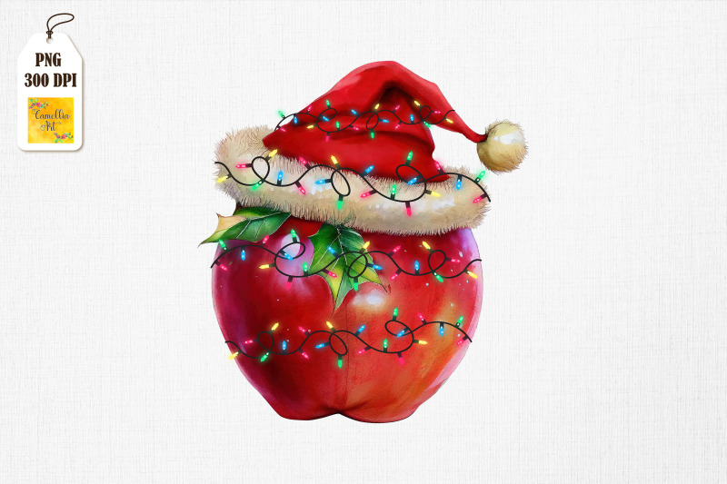 watercolor-christmas-apple-santa-hat