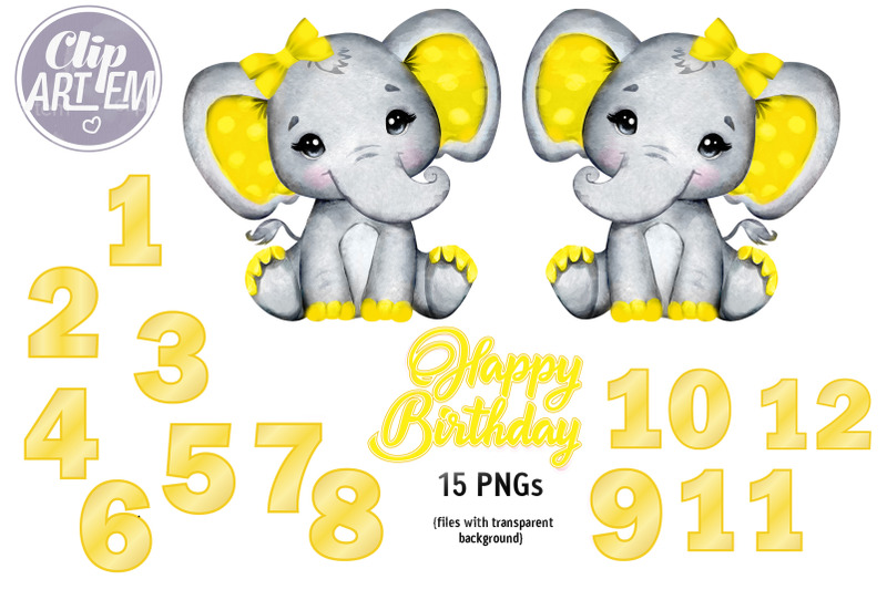 canary-yellow-elephant-baby-12-month-numbers-15-pngs-clip-art